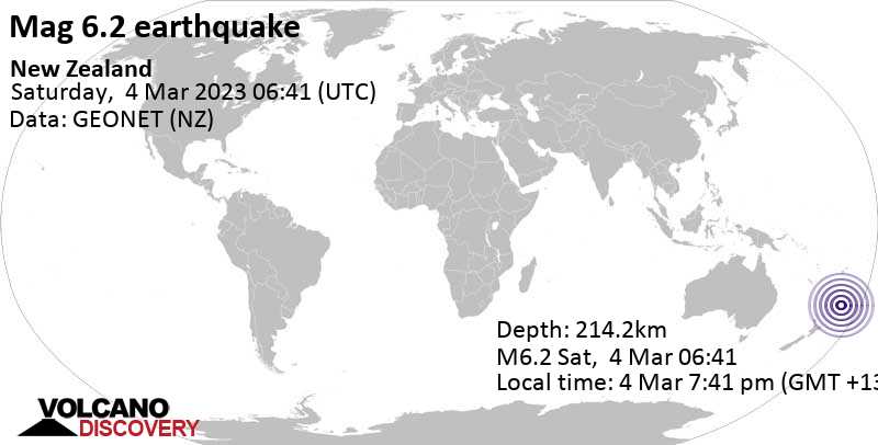 Stärke 6.2 - South Pacific Ocean, Neuseeland, am Samstag,  4. Mär 2023 um 19:41 Lokalzeit