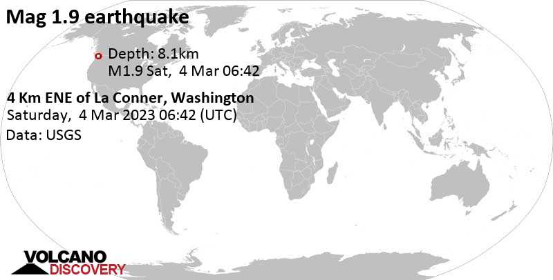 Stärke 2.5 - 9.8 km nordöstlich von Haller, Snohomish County, Washington, USA, am Freitag,  3. Mär 2023 um 22:42 Lokalzeit