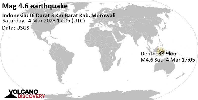 4.6 quake Central Sulawesi, 162 km northwest of Kendari, Southeast Sulawesi, Indonesia, Mar 5, 2023 1:05 am (GMT +8)