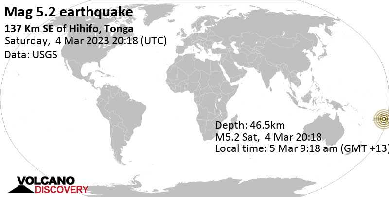 Stärke 5.2 - South Pacific Ocean, 240 km nordöstlich von Neiafu, Vava'u, Tonga, am Sonntag,  5. Mär 2023 um 09:18 Lokalzeit