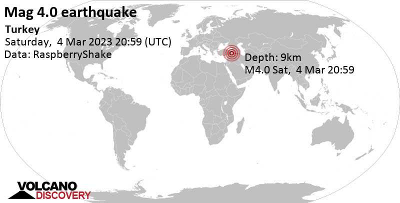 4.0 quake Bingöl, 25 km west of Lice, Diyarbakır, Turkey, Mar 4, 2023 11:59 pm (GMT +3)