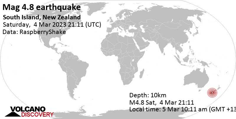 Stärke 4.8 - 65 km nördlich von Dunedin, Otago, Neuseeland, am Sonntag,  5. Mär 2023 um 10:11 Lokalzeit
