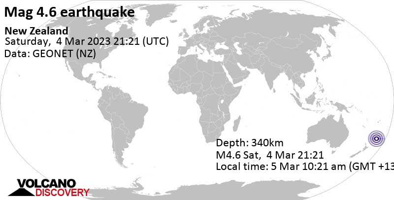 Stärke 4.6 - South Pacific Ocean, Neuseeland, am Sonntag,  5. Mär 2023 um 10:21 Lokalzeit