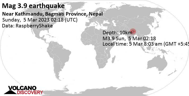 Stärke 3.9 - 28 km südöstlich von Kathmandu, Bagmati Province, Nepal, am Sonntag,  5. Mär 2023 um 08:03 Lokalzeit
