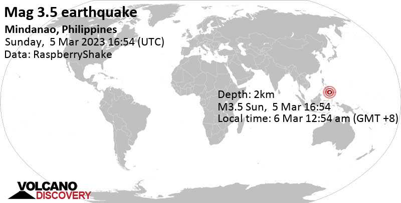 Stärke 3.5 - 35 km östlich von Tagum City, Davao, Philippinen, am Montag,  6. Mär 2023 um 00:54 Lokalzeit