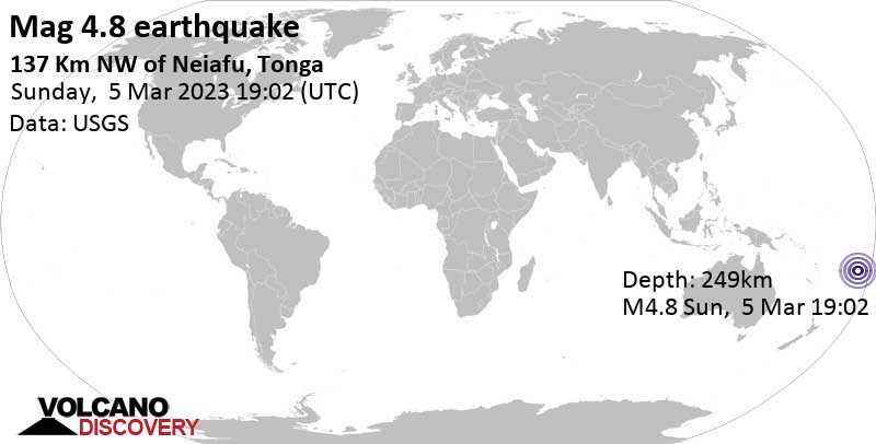 Stärke 4.9 - South Pacific Ocean, Tonga, am Montag,  6. Mär 2023 um 08:02 Lokalzeit
