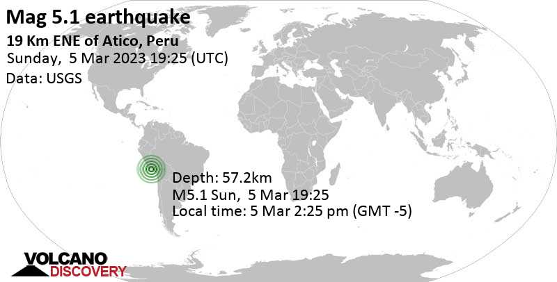 Stärke 5.1 - 94 km nordwestlich von Camana, Arequipa, Peru, am Sonntag,  5. Mär 2023 um 14:25 Lokalzeit
