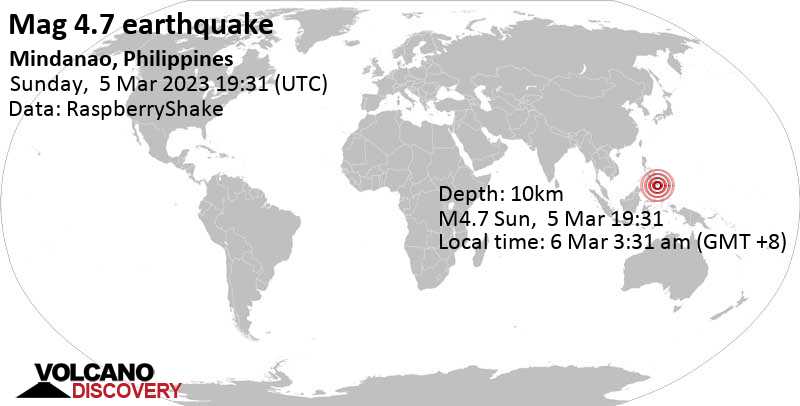 Stärke 4.7 - Philippine Sea, 25 km südöstlich von Davao, Philippinen, am Montag,  6. Mär 2023 um 03:31 Lokalzeit