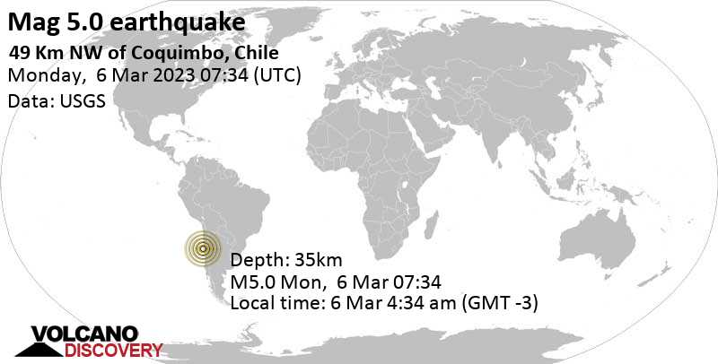 5.0 quake South Pacific Ocean, 50 km northwest of Coquimbo, Provincia de Elqui, Coquimbo Region, Chile, Mar 6, 2023 4:34 am (GMT -3)