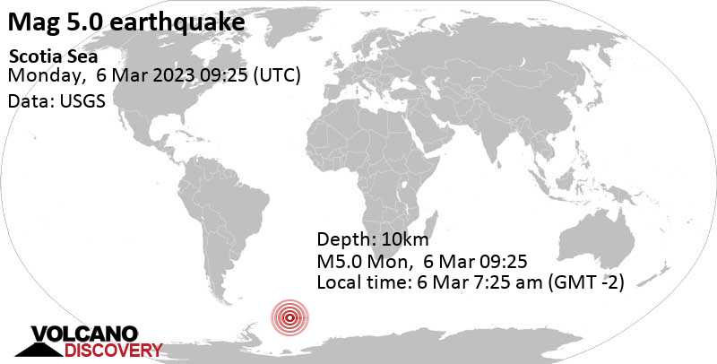 5.0 quake South Atlantic Ocean, South Georgia & South Sandwich Islands, Mar 6, 2023 7:25 am (GMT -2)