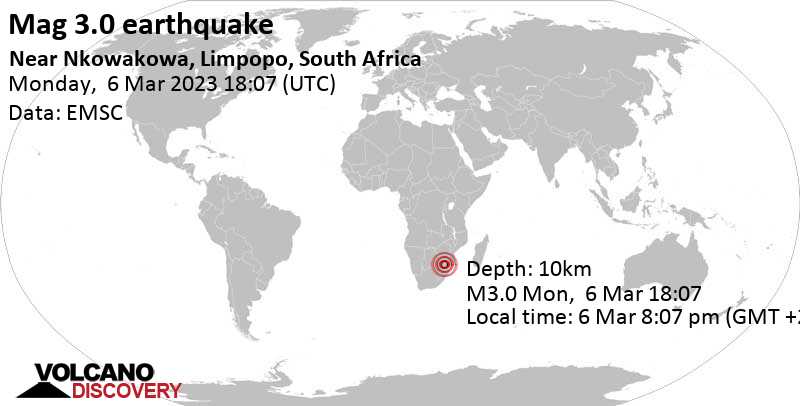 Stärke 3.0 - 80 km südwestlich von Phalaborwa, Südafrika, am Montag,  6. Mär 2023 um 20:07 Lokalzeit