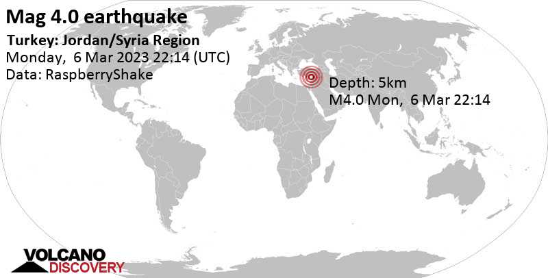 4.0 quake 12 km north of Antioch, Antakya İlçesi, Hatay, Turkey, Mar 7, 2023 1:15 am (GMT +3)