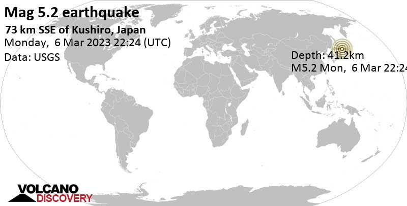 5.1 quake North Pacific Ocean, 73 km south of Kushiro, Hokkaido, Japan, Mar 7, 2023 7:24 am (GMT +9)