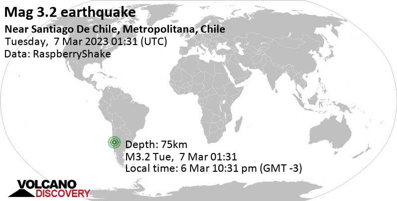 Stärke 3.2 - 36 km südlich von Santiago de Chile, Provincia de Santiago, Chile, am Montag,  6. Mär 2023 um 22:31 Lokalzeit