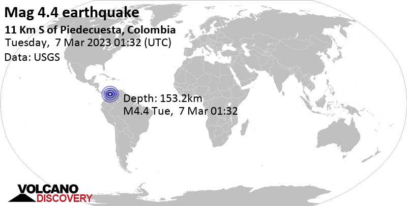 Stärke 4.4 - 28 km südlich von Bucaramanga, Santander, Kolumbien, am Montag,  6. Mär 2023 um 20:32 Lokalzeit