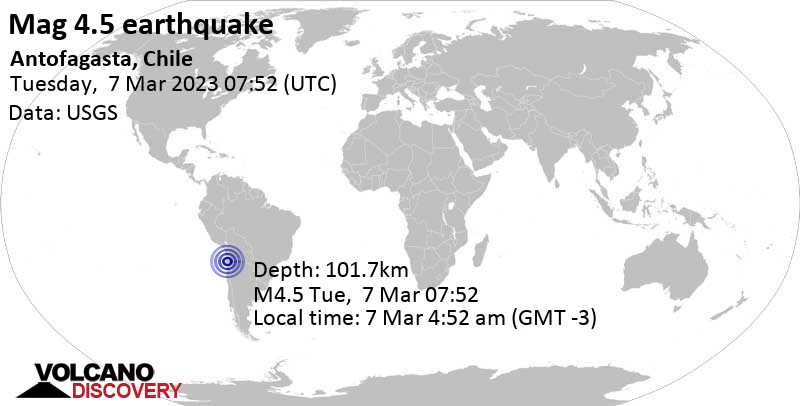 4.5 quake 98 km southwest of Calama, Provincia de El Loa, Antofagasta, Chile, Mar 7, 2023 4:52 am (GMT -3)