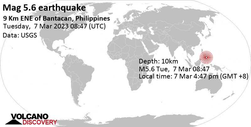 Stärke 5.6 - 15 km östlich von Compostela, Davao de Oro, Philippinen, am Dienstag,  7. Mär 2023 um 16:47 Lokalzeit