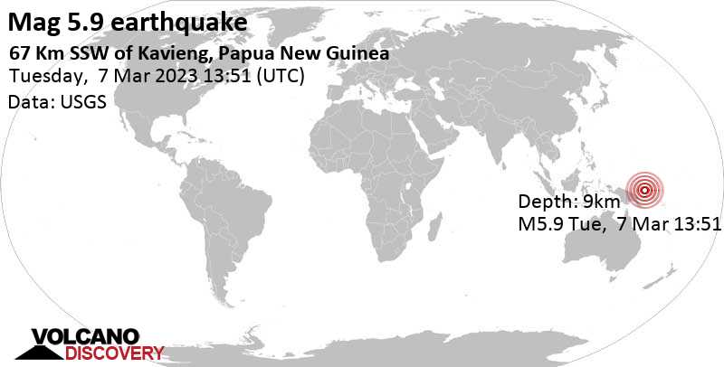 5.9 quake Bismarck Sea, 68 km south of Kavieng, New Ireland, Papua New Guinea, Mar 7, 2023 11:51 pm (GMT +10)