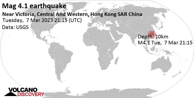 Stärke 4.1 - 21 km nordwestlich von Heyuan, Guangdong, China, am Mittwoch,  8. Mär 2023 um 05:15 Lokalzeit