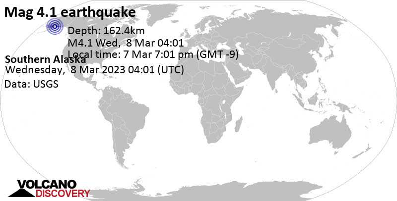 4.1 quake 142 mi southwest of Alaska City, Anchorage, Alaska, USA, Mar 7, 2023 7:01 pm (GMT -9)