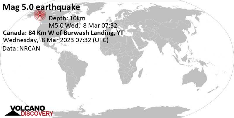 5.0 quake Canada: 84 Km W of Burwash Landing, YT, Mar 8, 2023 12:32 am (GMT -7)