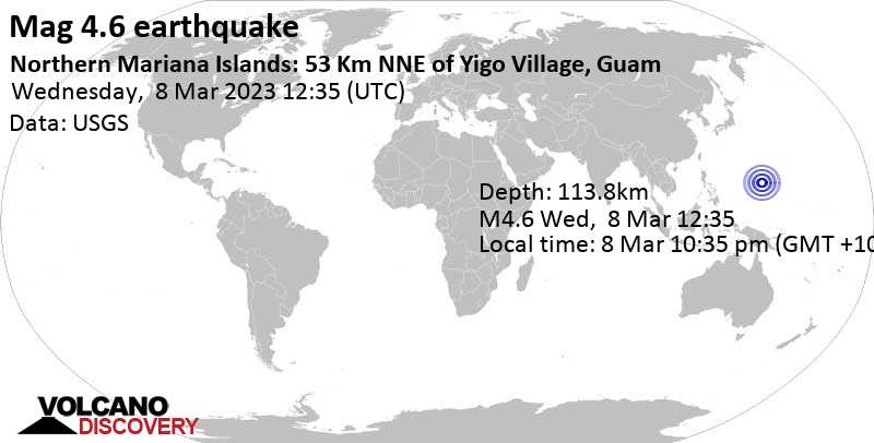 4.6 quake Philippine Sea, Northern Mariana Islands, 58 km north of Dededo Village, Guam, Mar 8, 2023 10:35 pm (GMT +10)