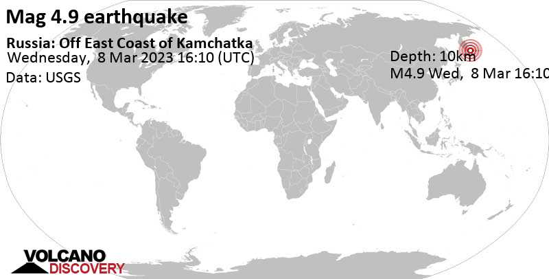 5.2 quake North Pacific Ocean, 188 km southeast of Kamchatkataagy Petropavlovskaj, Russia, Mar 9, 2023 3:10 am (GMT +11)