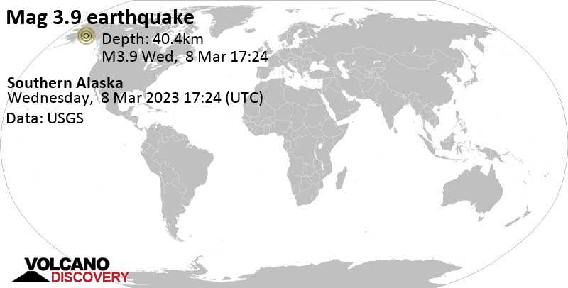 3.9 quake 24 mi northeast of Alaska City, Anchorage, Alaska, USA, Mar 8, 2023 8:24 am (GMT -9)