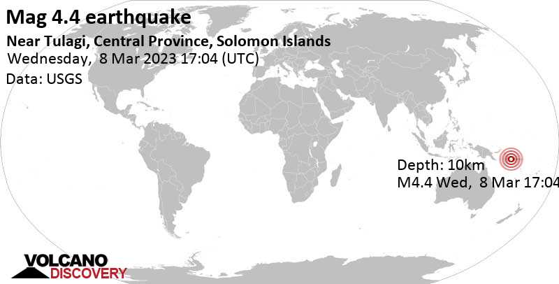 4.4 quake Solomon Sea, 73 km southwest of Honiara, Solomon Islands, Mar 9, 2023 4:04 am (GMT +11)