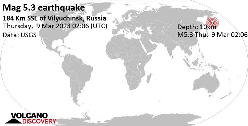 5.3 quake North Pacific Ocean, 191 km southeast of Kamchatkataagy Petropavlovskaj, Russia, Mar 9, 2023 2:06 pm (GMT +12)