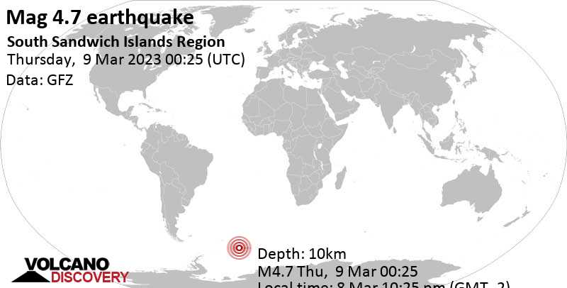 4.7 quake South Atlantic Ocean, South Georgia & South Sandwich Islands, Mar 8, 2023 10:25 pm (GMT -2)
