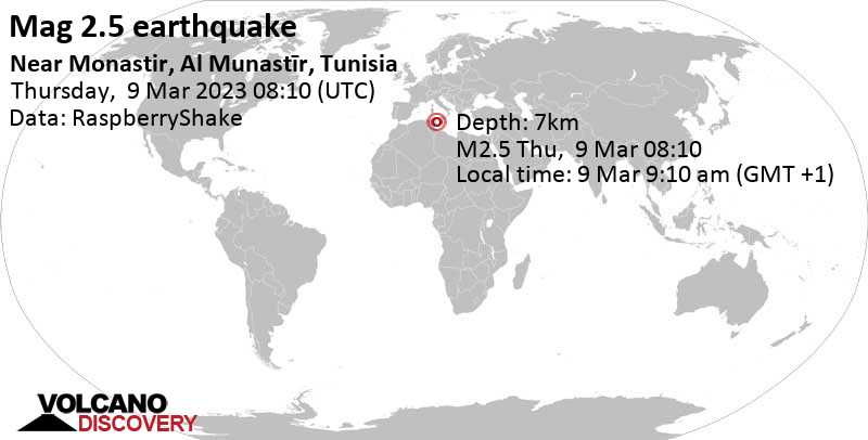2.5 quake 12 km northeast of Monastir, Tunisia, Mar 9, 2023 9:10 am (GMT +1)