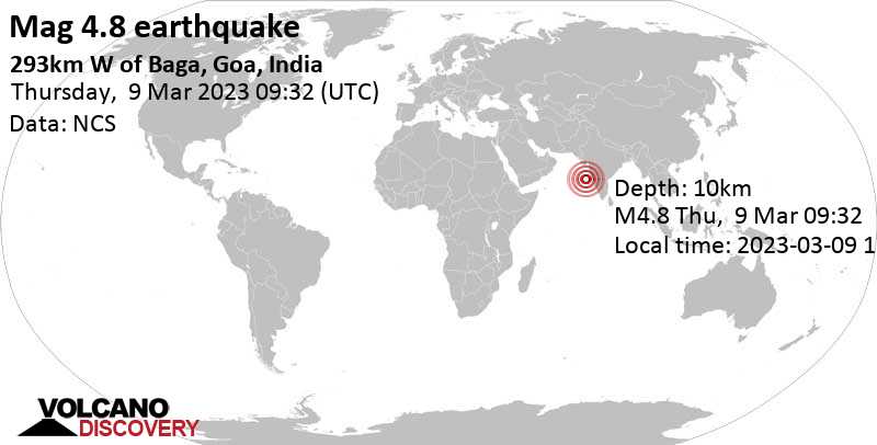 4.8 quake Arabian Sea, 300 km west of Mormugao, South Goa, Colonia Goa, India, Mar 9, 2023 2:32 pm (GMT +5)