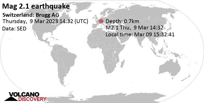 2.1 quake 12 km northwest of Wettingen, Baden, Aargau, Switzerland, Mar 9, 2023 3:32 pm (GMT +1)