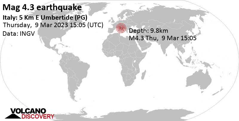 4.3 quake 21 km north of Perudzha, Provincia di Perugia, Umbria, Italy, Mar 9, 2023 4:05 pm (GMT +1)