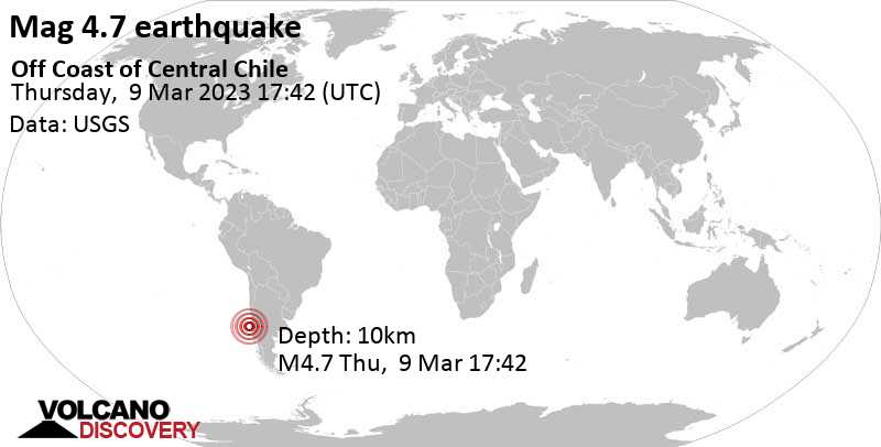 4.7 quake South Pacific Ocean, 94 km west of Concepcion, Region del Biobio, Chile, Mar 9, 2023 2:42 pm (GMT -3)
