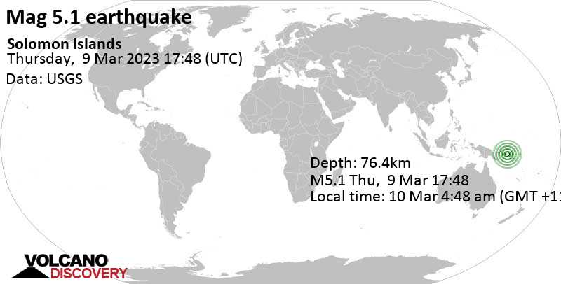 Stärke 5.1 - 96 km südlich von Arawa, Bougainville, Papua-Neuguinea, am Freitag, 10. Mär 2023 um 04:48 Lokalzeit