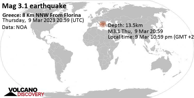 3.1 quake 8.6 km northwest of Florina, West Macedonia, Greece, Mar 9, 2023 10:59 pm (GMT +2)