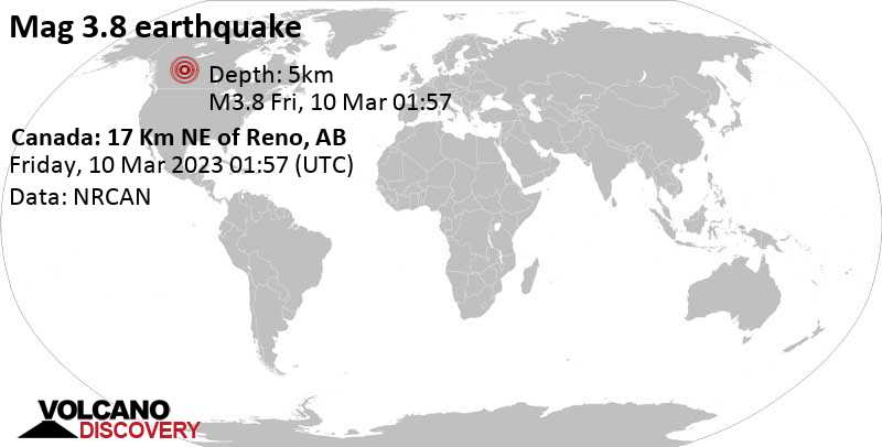 Séisme M 3.8: 37 km au sud-est de Rivière-la-Paix, Alberta, Canada, jeudi,  9 mars 2023 18:57 (GMT -7)