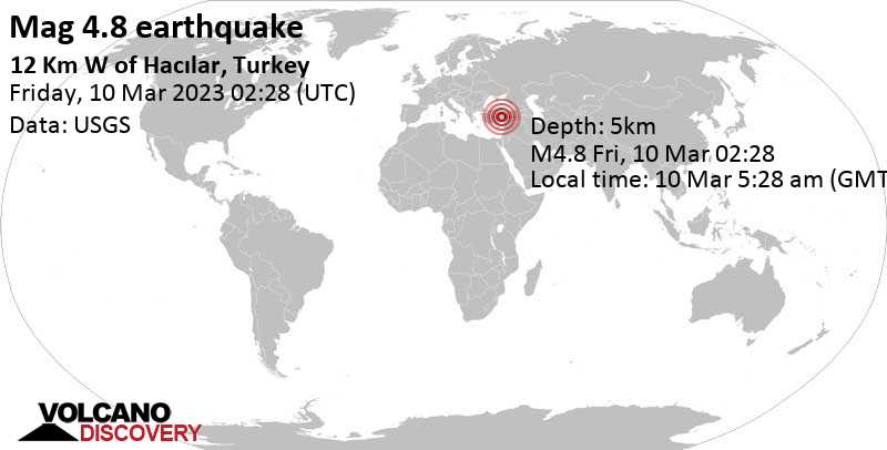 Stärke 4.8 - 17 km südwestlich von Kayseri, Türkei, am Freitag, 10. Mär 2023 um 05:28 Lokalzeit