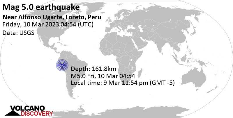 Stärke 5.0 - 18 km östlich von Pucallpa, Provincia de Coronel Portillo, Ucayali, Peru, am Donnerstag,  9. Mär 2023 um 23:54 Lokalzeit