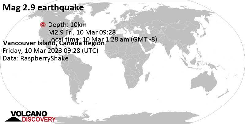 Weak mag. 2.9 earthquake - 39 km southwest of Nanaimo, British Columbia, Canada, on Friday, Mar 10, 2023 at 1:28 am (GMT -8)