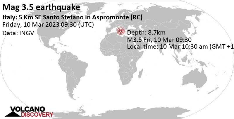3.5 quake 13 km east of Reggio Calabria, Italy, Mar 10, 2023 10:30 am (GMT +1)