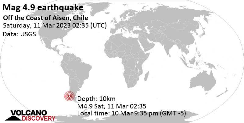 Stärke 4.9 - South Pacific Ocean, Chile, am Freitag, 10. Mär 2023 um 21:35 Lokalzeit