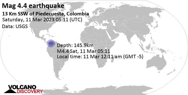 Stärke 4.4 - 28 km südlich von Bucaramanga, Santander, Kolumbien, am Samstag, 11. Mär 2023 um 00:11 Lokalzeit