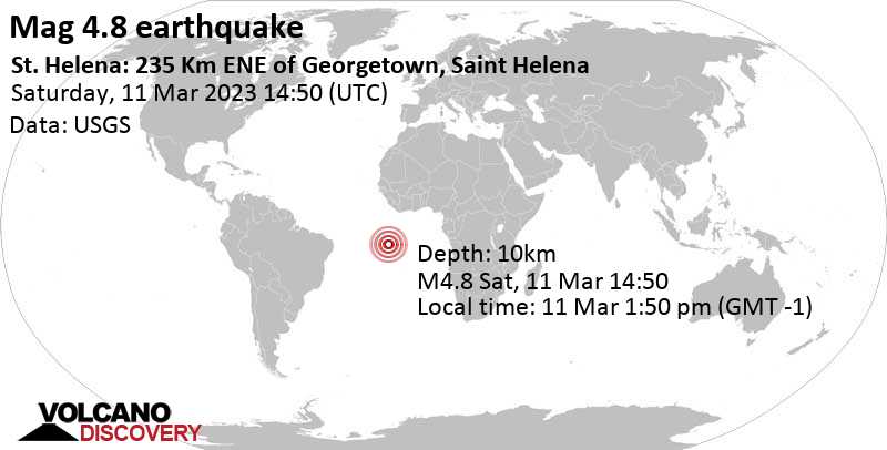 4.8 quake South Atlantic Ocean, 236 km northeast of Georgetown, Ascension, St. Helena, Mar 11, 2023 1:50 pm (GMT -1)
