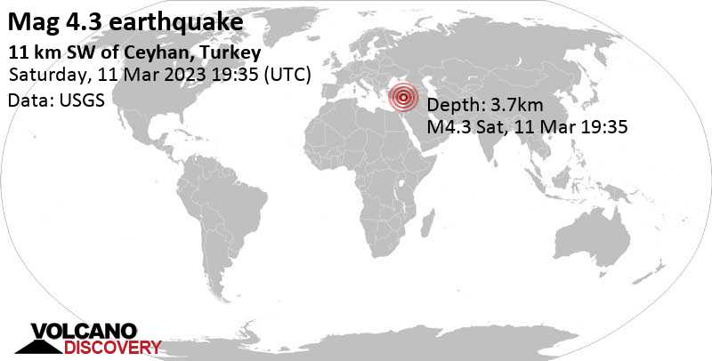 4.3 quake 7.7 km southwest of Ceyhan, Adana, Turkey, Mar 11, 2023 10:35 pm (GMT +3)