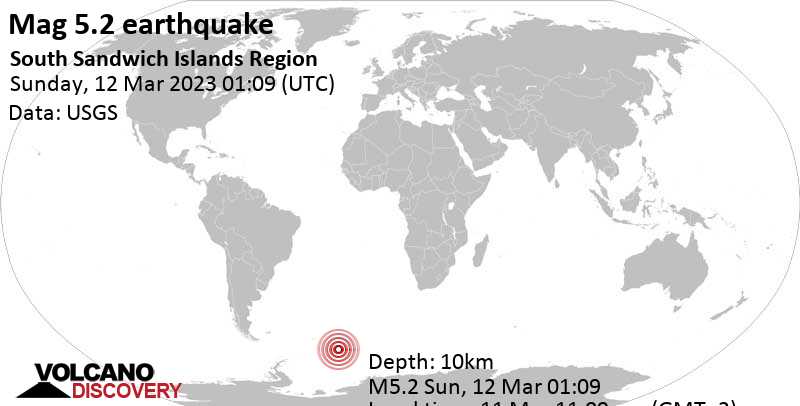 Stärke 5.2 - South Atlantic Ocean, Südgeorgien und die Südlichen Sandwichinseln, am Samstag, 11. Mär 2023 um 23:09 Lokalzeit