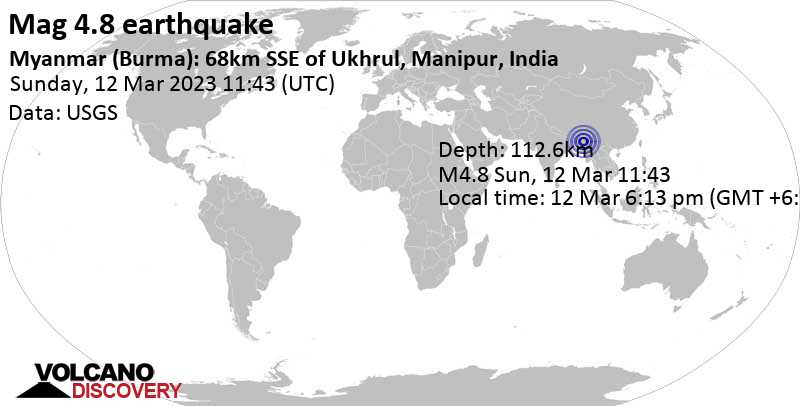 Stärke 4.8 - 82 km nordöstlich von Mawlaik, Sagaing Region, Myanmar, am Sonntag, 12. Mär 2023 um 17:13 Lokalzeit