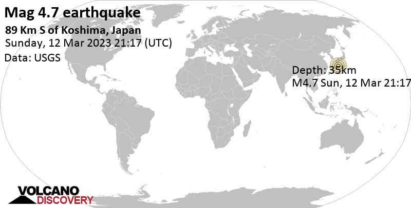 4.7 quake Philippine Sea, 88 km south of Yudomari, Kumage-gun, Kagoshima, Japan, Mar 13, 2023 6:17 am (GMT +9)